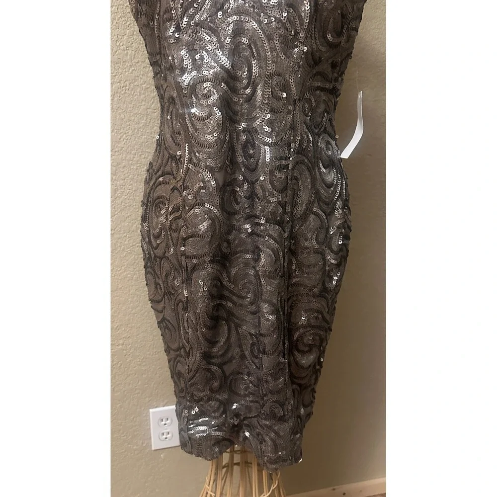 Venus Sequin Swirl Cocktail Dress Taupe Silver V-Neck Bodycon Women 14 Party - Picture 9 of 16